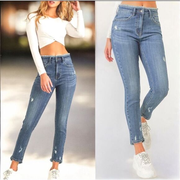 Risen High Rise Frayed Waist Vintage Wash Skinny Jeans Size 1XL - Picture 2 of 16